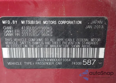 2013 Mitsubishi Lancer Sportback Gt z USA, uszkodzony, nr VIN JA32X8HW9DU019364